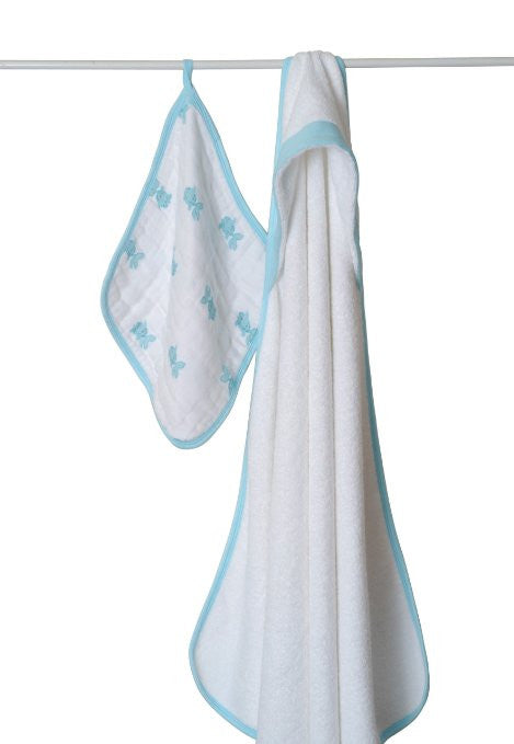 Muslin Hooded Towel and Washcloth Set, Hide and Sea